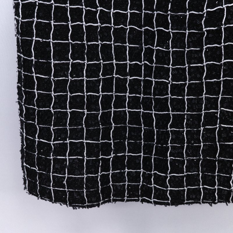 Chanel 香奈兒 黑白格紋亮片 裝飾珠珠 領口斜紋軟呢上衣-2