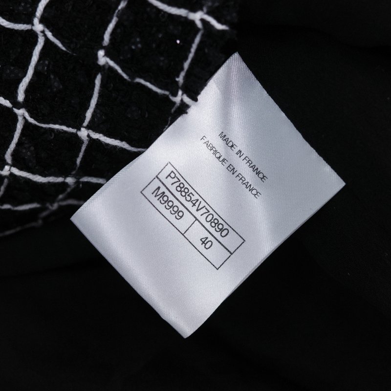 Chanel 香奈兒 黑白格紋亮片 裝飾珠珠 領口斜紋軟呢上衣-10