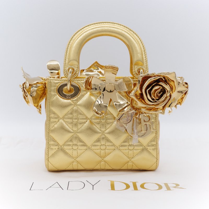 Dior 迪奧Dior Lady Art Anna Weyant 藝術家限量 金色金屬光澤 小羊皮 肩背包 手提包-1