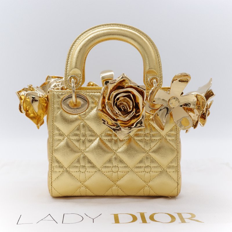 Dior 迪奧Dior Lady Art Anna Weyant 藝術家限量 金色金屬光澤 小羊皮 肩背包 手提包-4