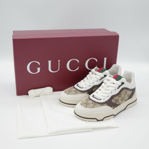 Gucci古馳Re-Web 白色牛皮 米棕色 GG 帆布運動鞋