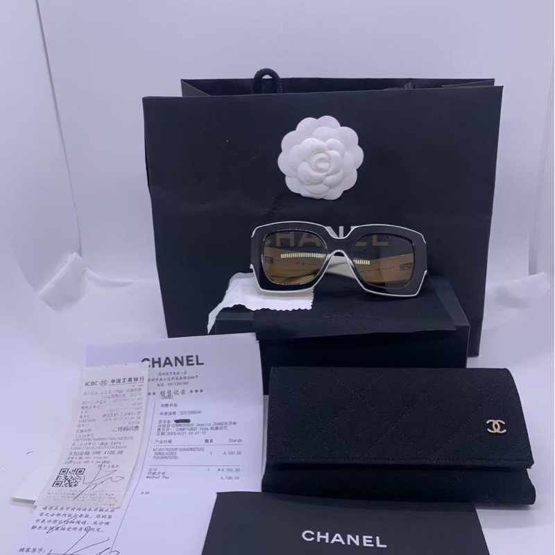 99新Chanel香奈兒黑白熊貓拼色方形大框墨鏡太陽眼鏡-2