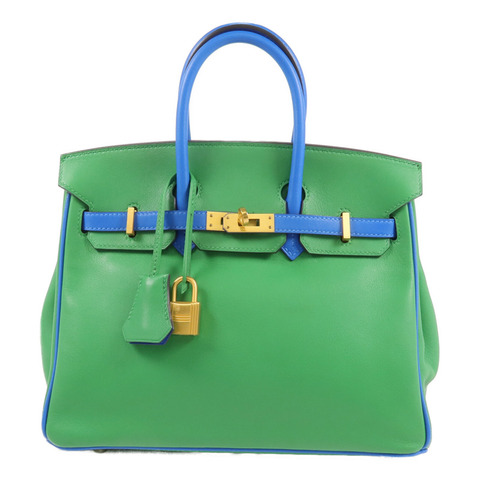 HERMES Swift皮革Birkin 25金扣手挽袋Bambou/Bleu Hydra