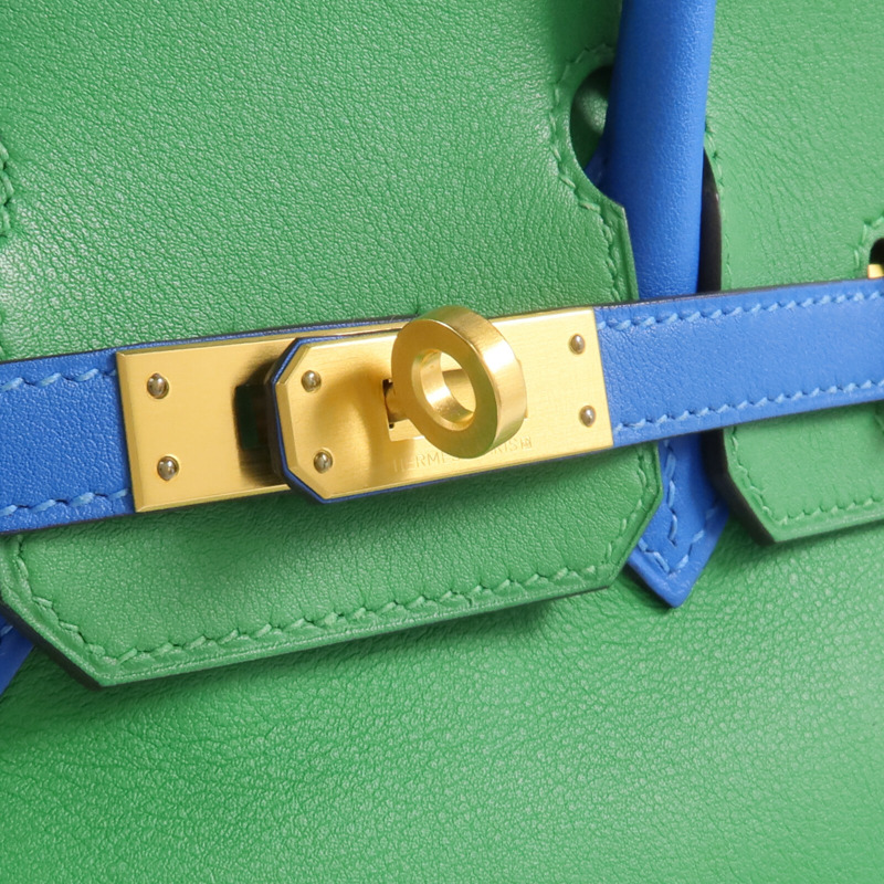 HERMES Swift皮革Birkin 25金扣手挽袋Bambou/Bleu Hydra-9