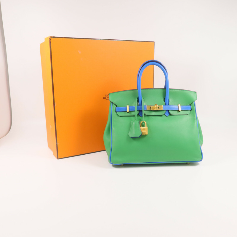 HERMES Swift皮革Birkin 25金扣手挽袋Bambou/Bleu Hydra-15