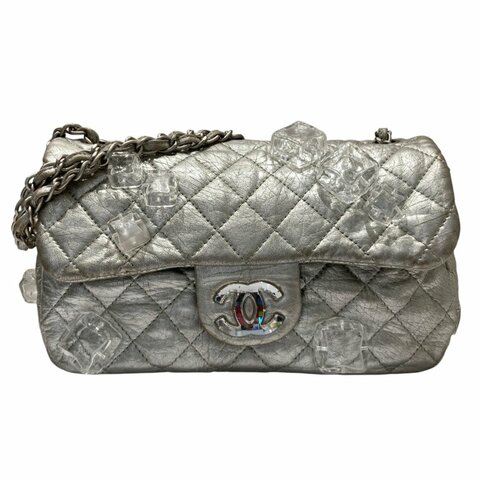 CHANEL 香奈兒 SILVER ICE CUBE ON ROCKS 冰塊包 翻蓋肩背包 銀色 銀釦