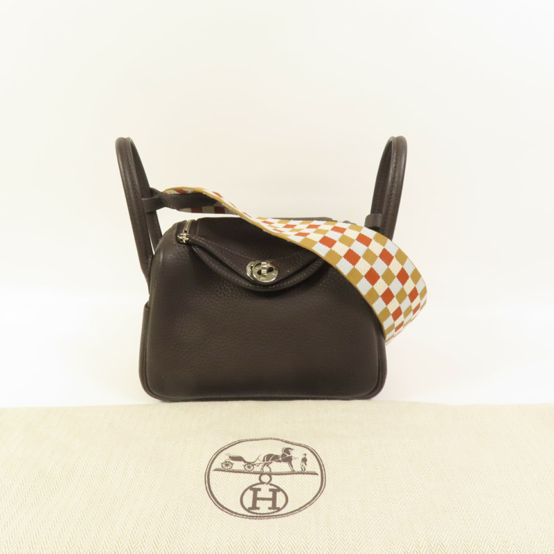 HERMES Clemence皮革Mini Lindy銀扣手挽肩背兩用袋Macassar-10