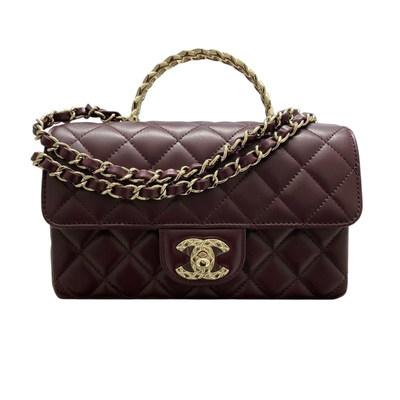 CHANEL 香奈兒 TOP HANDLE FLAP BAG MINI CF手提鑽把斜背包迷你 小羊皮 酒紫色 淺金釦-0