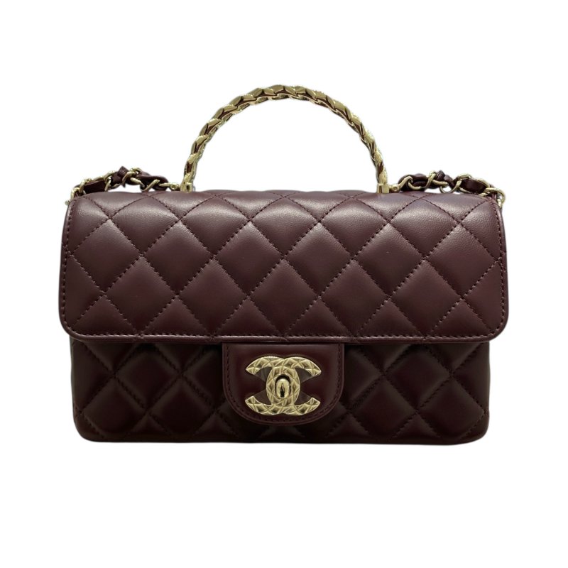 CHANEL 香奈兒 TOP HANDLE FLAP BAG MINI CF手提鑽把斜背包迷你 小羊皮 酒紫色 淺金釦-1