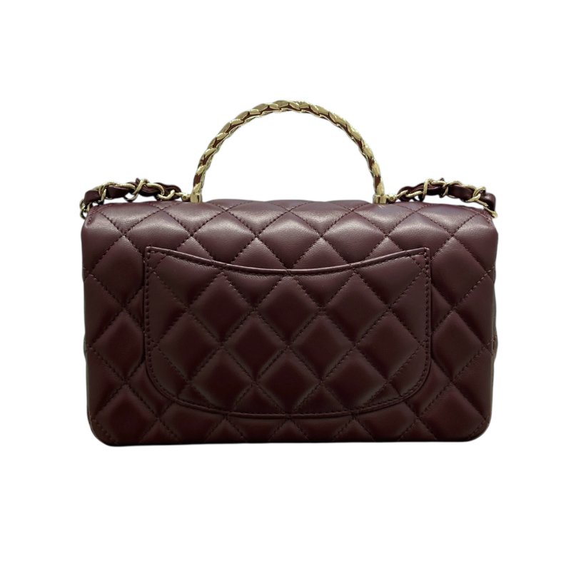 CHANEL 香奈兒 TOP HANDLE FLAP BAG MINI CF手提鑽把斜背包迷你 小羊皮 酒紫色 淺金釦-2