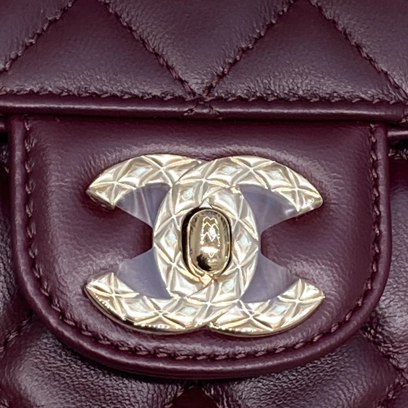 CHANEL 香奈兒 TOP HANDLE FLAP BAG MINI CF手提鑽把斜背包迷你 小羊皮 酒紫色 淺金釦-15