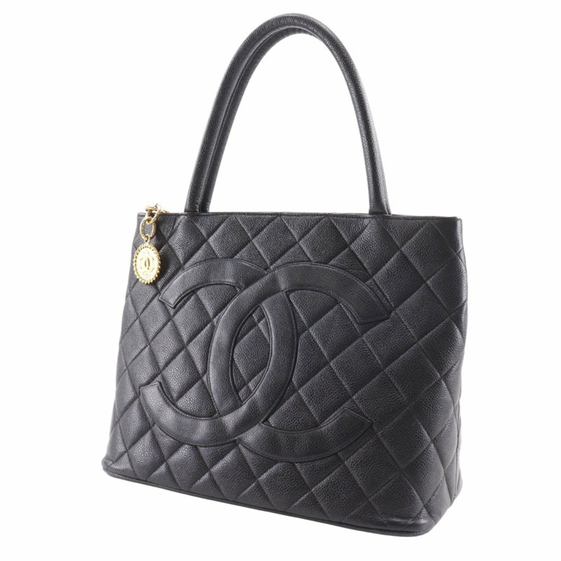 香奈兒復刻版手提包,Coco標誌,絎縫,A01804,魚子醬紋皮革,黑色,A5 Medallion手提包,女士-1