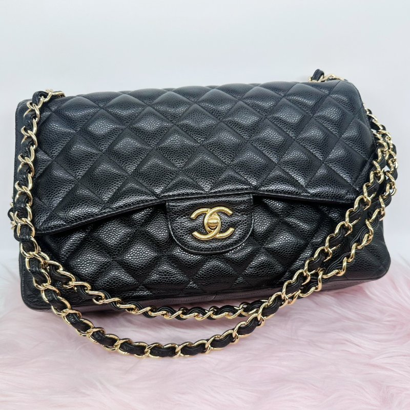 CHANEL 黑色荔枝紋配金色雙C CF30口蓋包#16開-1