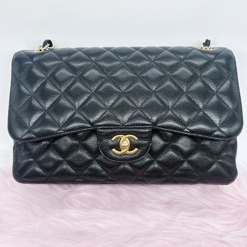 CHANEL 黑色荔枝紋配金色雙C CF30口蓋包#16開-6