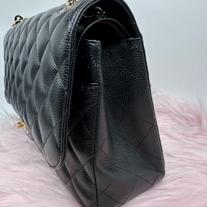 CHANEL 黑色荔枝紋配金色雙C CF30口蓋包#16開-8