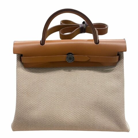 HERMES 愛馬仕 HERBAG 30 側背包 帆布×皮革 棕色 銀釦
