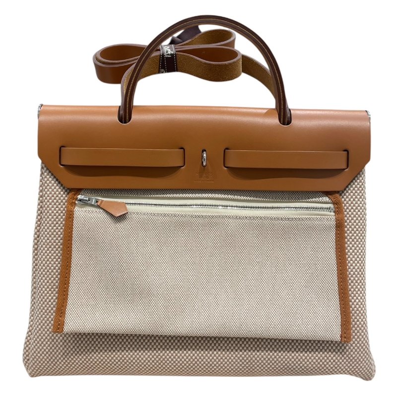 HERMES 愛馬仕 HERBAG 30 側背包 帆布×皮革 棕色 銀釦-1
