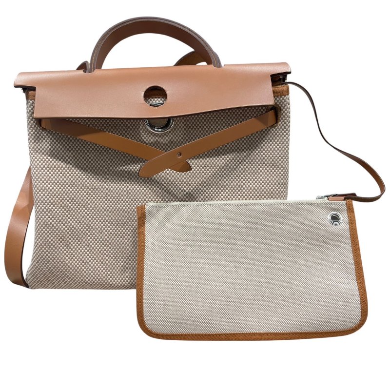 HERMES 愛馬仕 HERBAG 30 側背包 帆布×皮革 棕色 銀釦-13