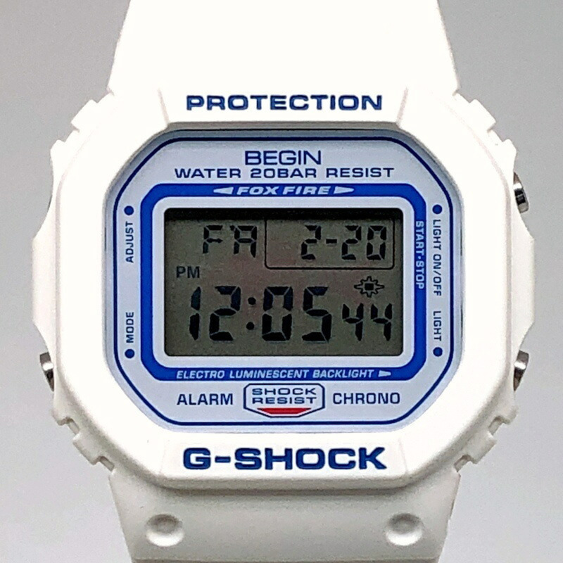 G-SHOCK CASIO DW-5600BEGIN-7 手錶,為慶祝 BEGIN 品牌成立 20 週年和沖繩歌之日 10 週年而推出的合作款(白色、藍色、Sakana EL)。 2010 年 5 月在 Mikunigaoka 商店發售。-0