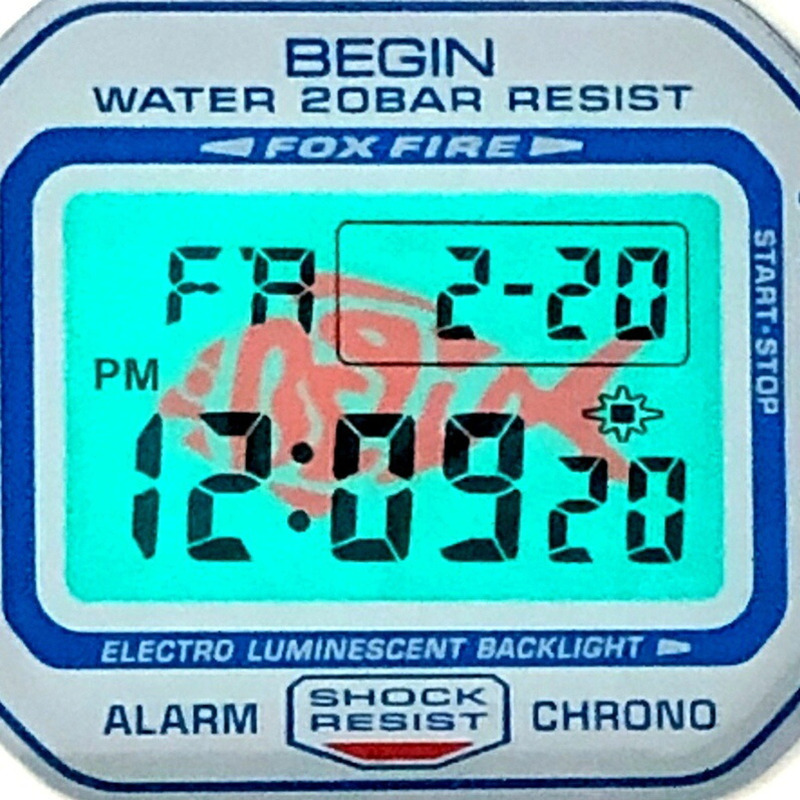 G-SHOCK CASIO DW-5600BEGIN-7 手錶,為慶祝 BEGIN 品牌成立 20 週年和沖繩歌之日 10 週年而推出的合作款(白色、藍色、Sakana EL)。 2010 年 5 月在 Mikunigaoka 商店發售。-8