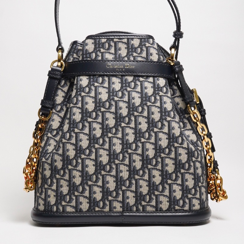 DIOR 藍色緹花布CEST DIOR 金釦二用水桶包-0