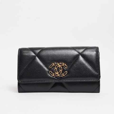 CHANEL香奈兒 19系列 大菱格紋小羊皮口蓋中夾(黑色/金釦)