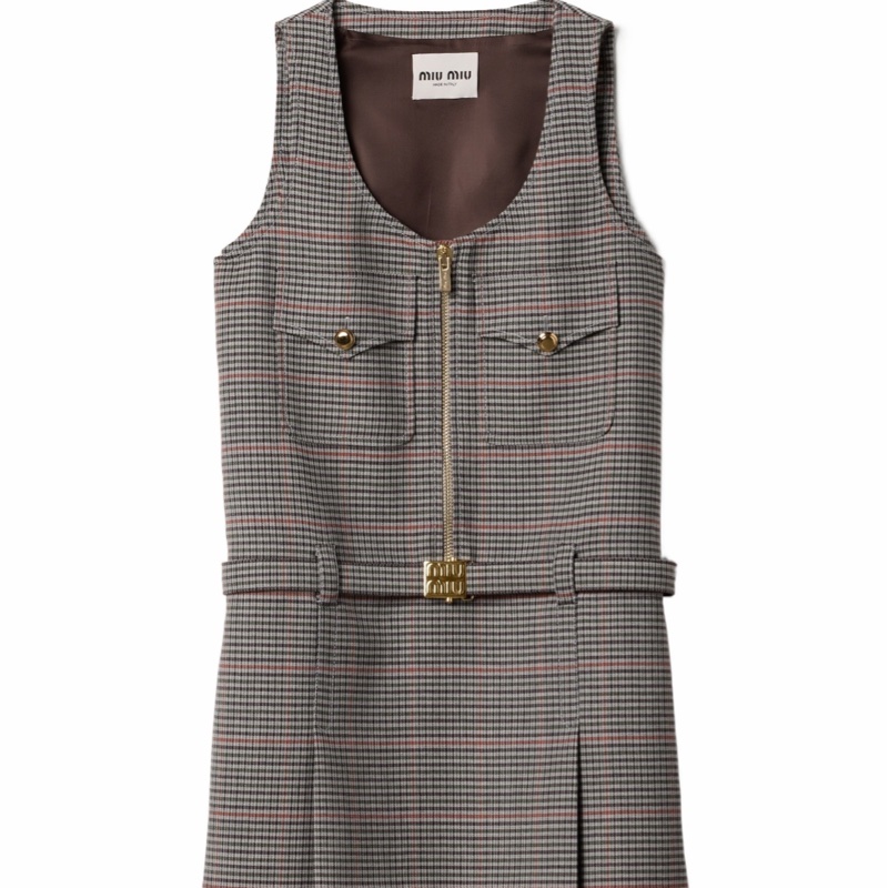 Miu Miu 女士 格紋無袖羊毛連衣裙IT-38 IT-40碼-0