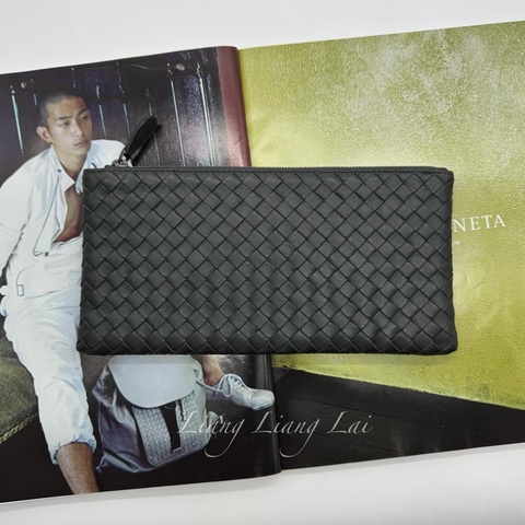 BOTTEGA VENETA BV經典編織小牛皮鐵灰色拉鍊手拿包|化妝包