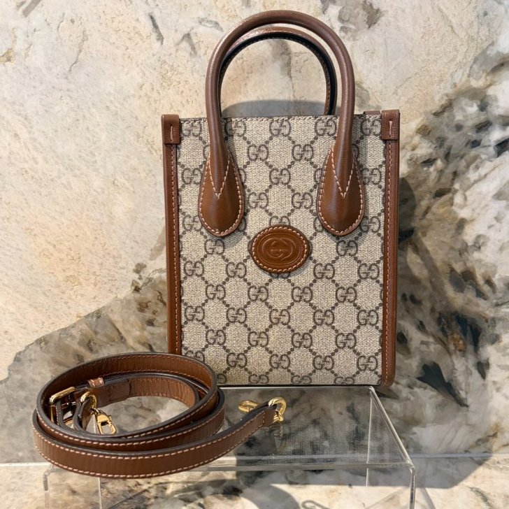 GUCCI 咖牛皮邊帆布INTERLOCKING兩用琴譜包-0