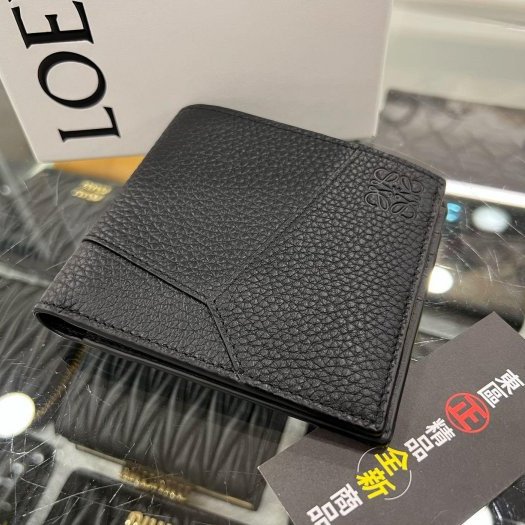東區正精品㊣LOEWE PUZZLE C510302X20 全新黑色牛皮荔枝紋拼接8卡短夾 RZ6254-4