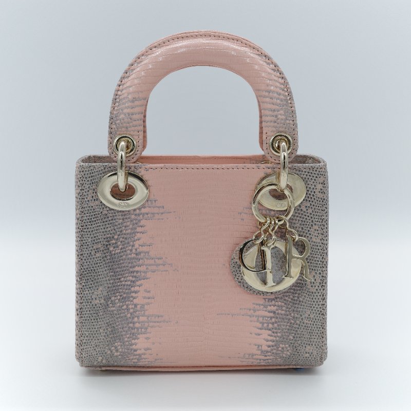 Dior 迪奧 Mini Lady Dior 粉灰漸層色 蜥蜴皮 手提包-1