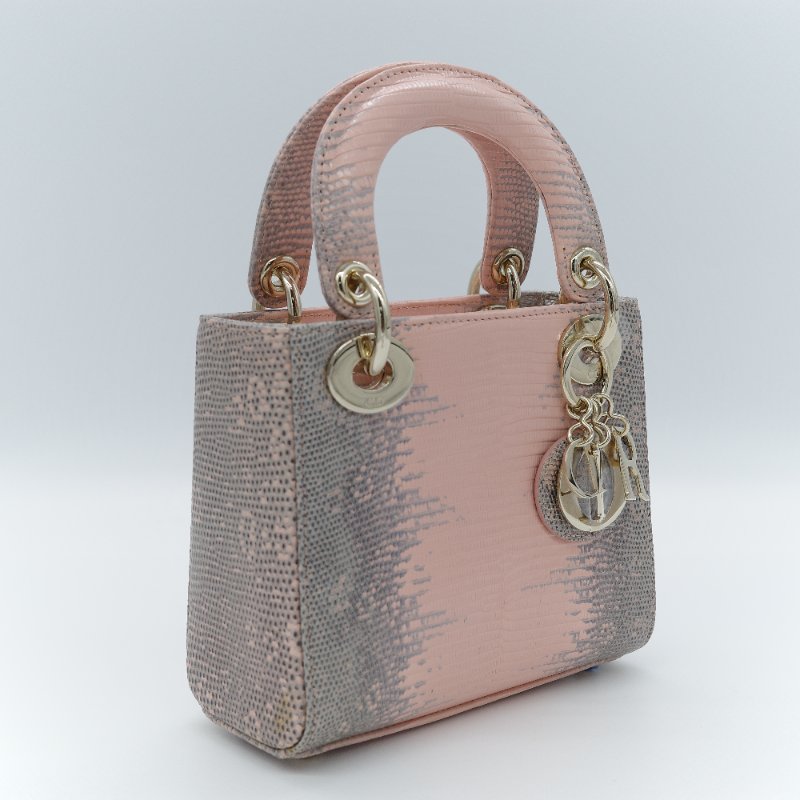 Dior 迪奧 Mini Lady Dior 粉灰漸層色 蜥蜴皮 手提包-2