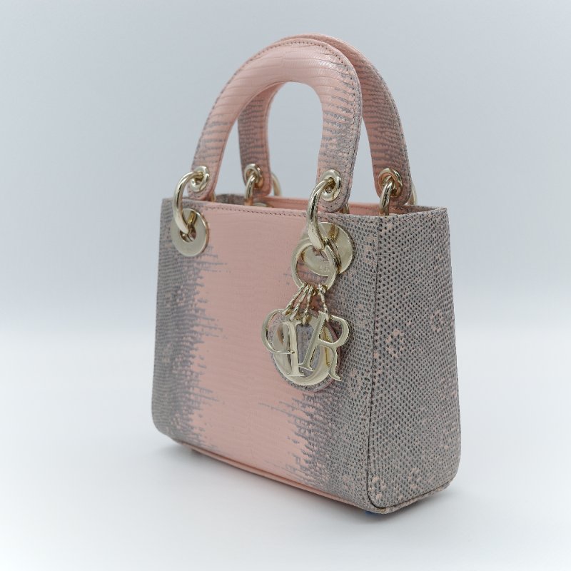 Dior 迪奧 Mini Lady Dior 粉灰漸層色 蜥蜴皮 手提包-3