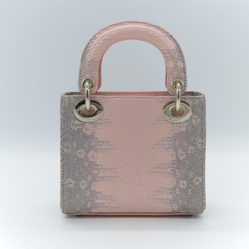 Dior 迪奧 Mini Lady Dior 粉灰漸層色 蜥蜴皮 手提包-4