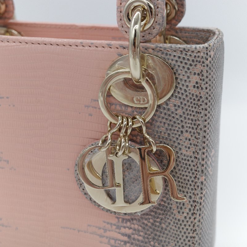 Dior 迪奧 Mini Lady Dior 粉灰漸層色 蜥蜴皮 手提包-9