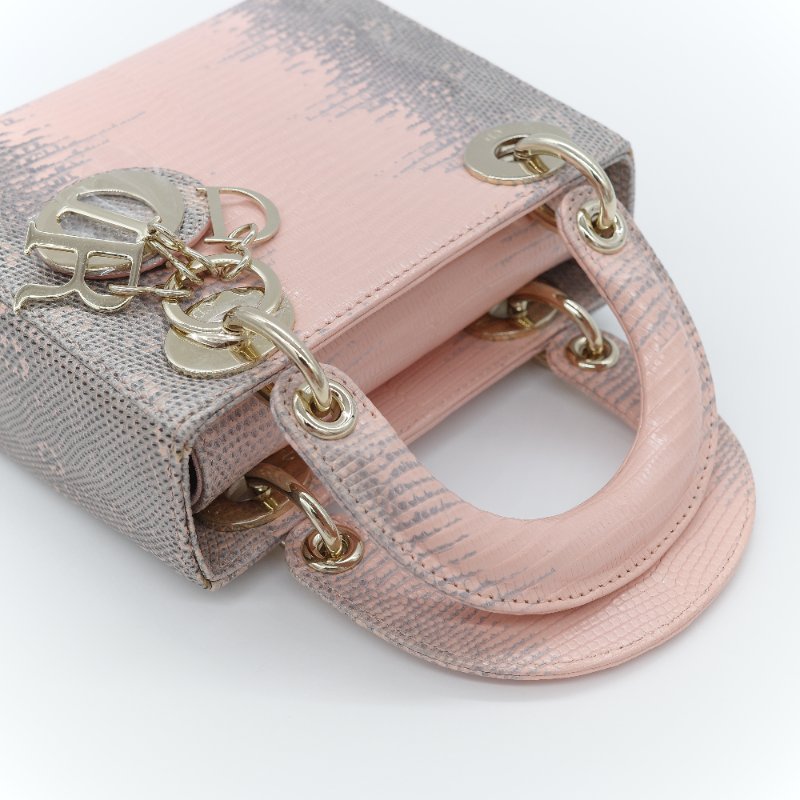 Dior 迪奧 Mini Lady Dior 粉灰漸層色 蜥蜴皮 手提包-10