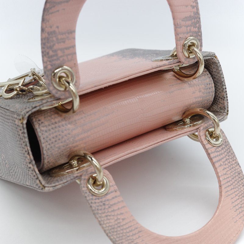 Dior 迪奧 Mini Lady Dior 粉灰漸層色 蜥蜴皮 手提包-12