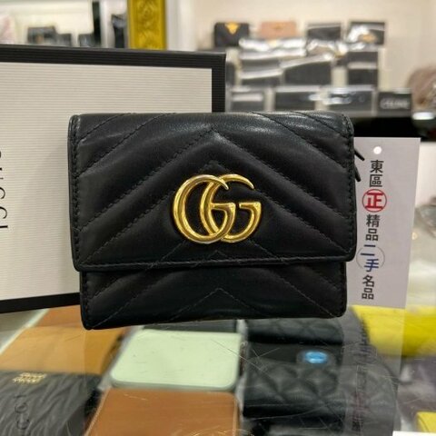 東區正精品㊣GUCCI 474802 matelasse wallet MARMONT 黑色金釦翻蓋三折釦子短夾 RZ6259
