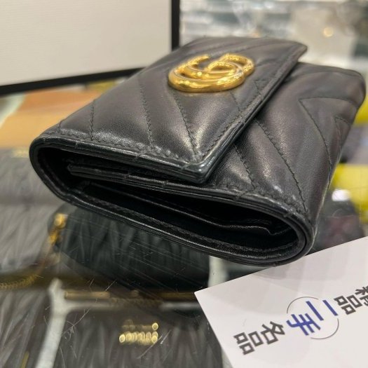 東區正精品㊣GUCCI 474802 matelasse wallet MARMONT 黑色金釦翻蓋三折釦子短夾 RZ6259-6