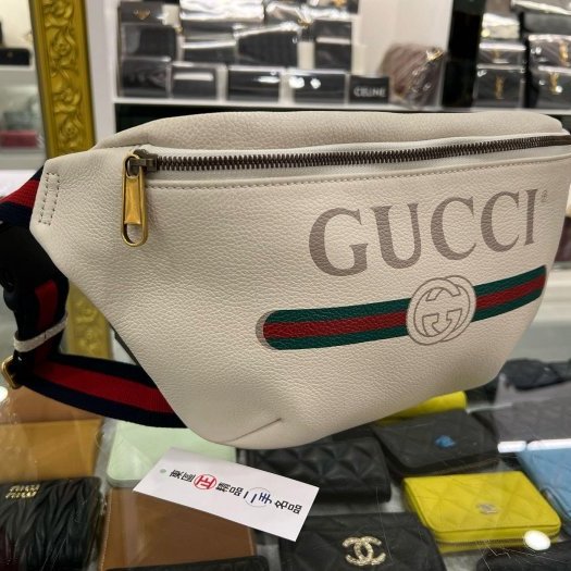 東區正精品㊣GUCCI 530412 近全新白色全皮藍紅藍LOGO側背包斜背腰包胸口包 RZ6260-0