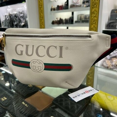 東區正精品㊣GUCCI 530412 近全新白色全皮藍紅藍LOGO側背包斜背腰包胸口包 RZ6260