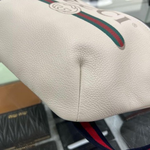 東區正精品㊣GUCCI 530412 近全新白色全皮藍紅藍LOGO側背包斜背腰包胸口包 RZ6260-5