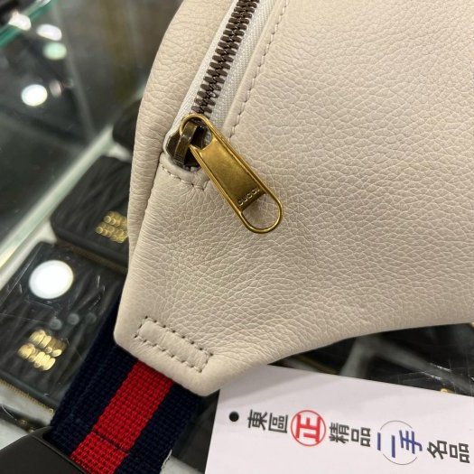 東區正精品㊣GUCCI 530412 近全新白色全皮藍紅藍LOGO側背包斜背腰包胸口包 RZ6260-6