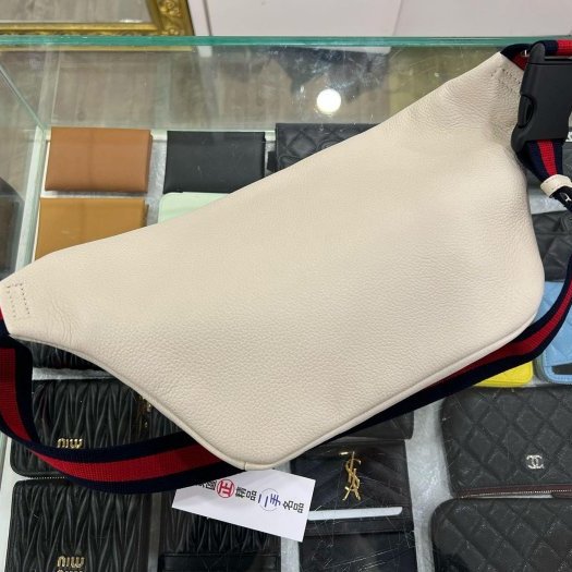 東區正精品㊣GUCCI 530412 近全新白色全皮藍紅藍LOGO側背包斜背腰包胸口包 RZ6260-8