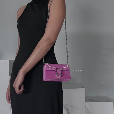 Gucci 粉色絲絨水鑽mini 酒神鏈條包 有龍蝦扣 16.5*3*10 98新配件塵袋