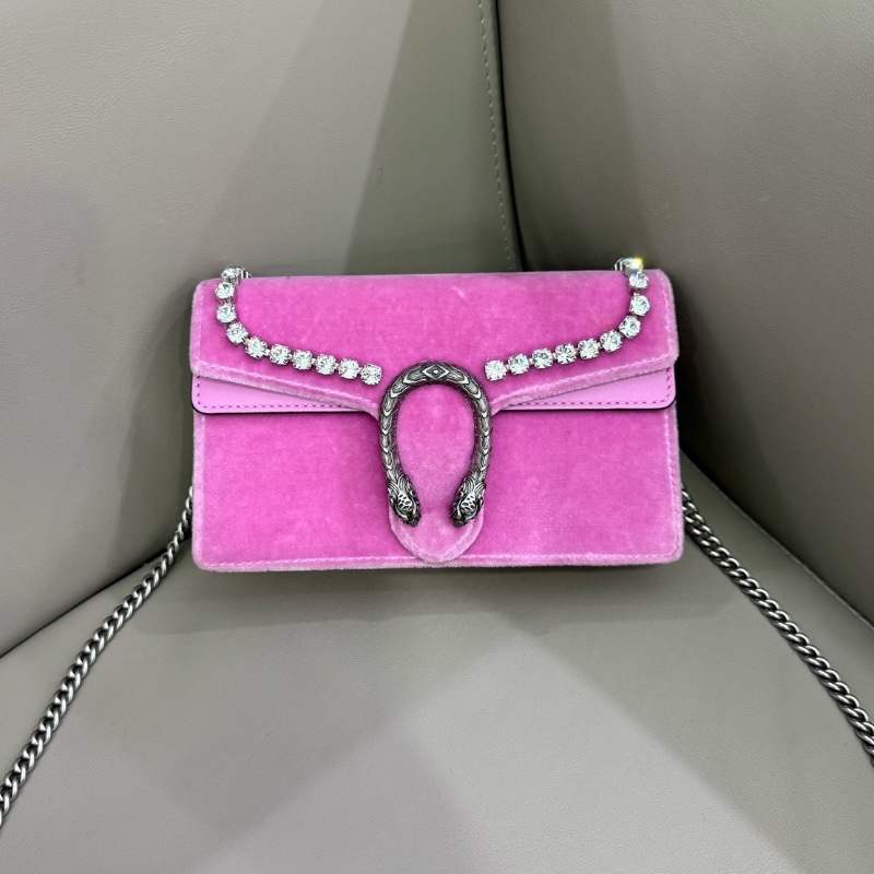 Gucci 粉色絲絨水鑽mini 酒神鏈條包 有龍蝦扣 16.5*3*10 98新配件塵袋-1