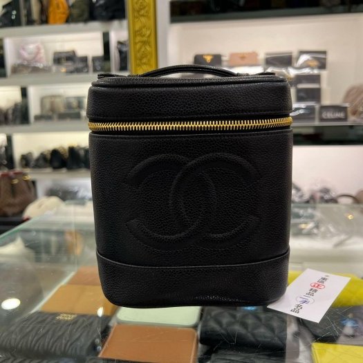 東區正精品㊣CHANEL 香奈兒黑色荔枝皮金釦拉鍊手提包化妝箱包 Vintage RZ6261-0