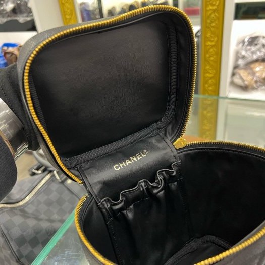 東區正精品㊣CHANEL 香奈兒黑色荔枝皮金釦拉鍊手提包化妝箱包 Vintage RZ6261-1