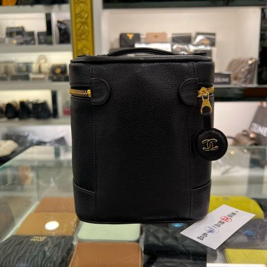 東區正精品㊣CHANEL 香奈兒黑色荔枝皮金釦拉鍊手提包化妝箱包 Vintage RZ6261-4