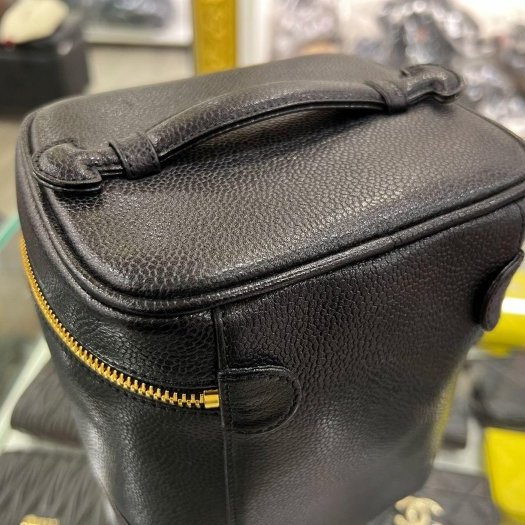 東區正精品㊣CHANEL 香奈兒黑色荔枝皮金釦拉鍊手提包化妝箱包 Vintage RZ6261-6